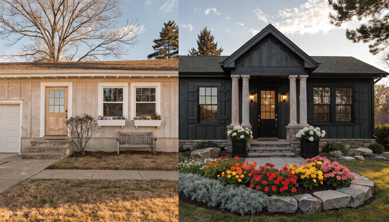 Before and after AI exterior renovation showing plain ranch house transformed into modern farmhouse with landscaping