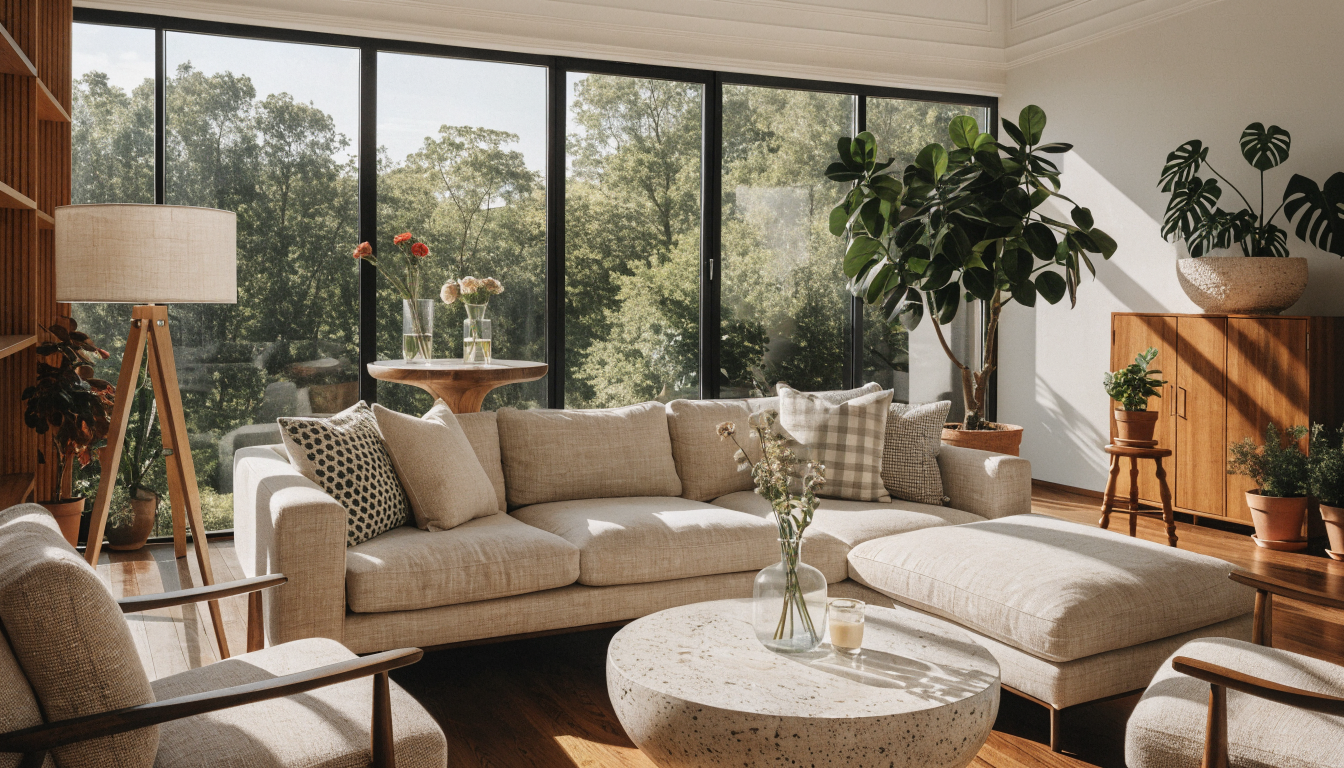 Modern living room interior design with minimalist furniture and natural light