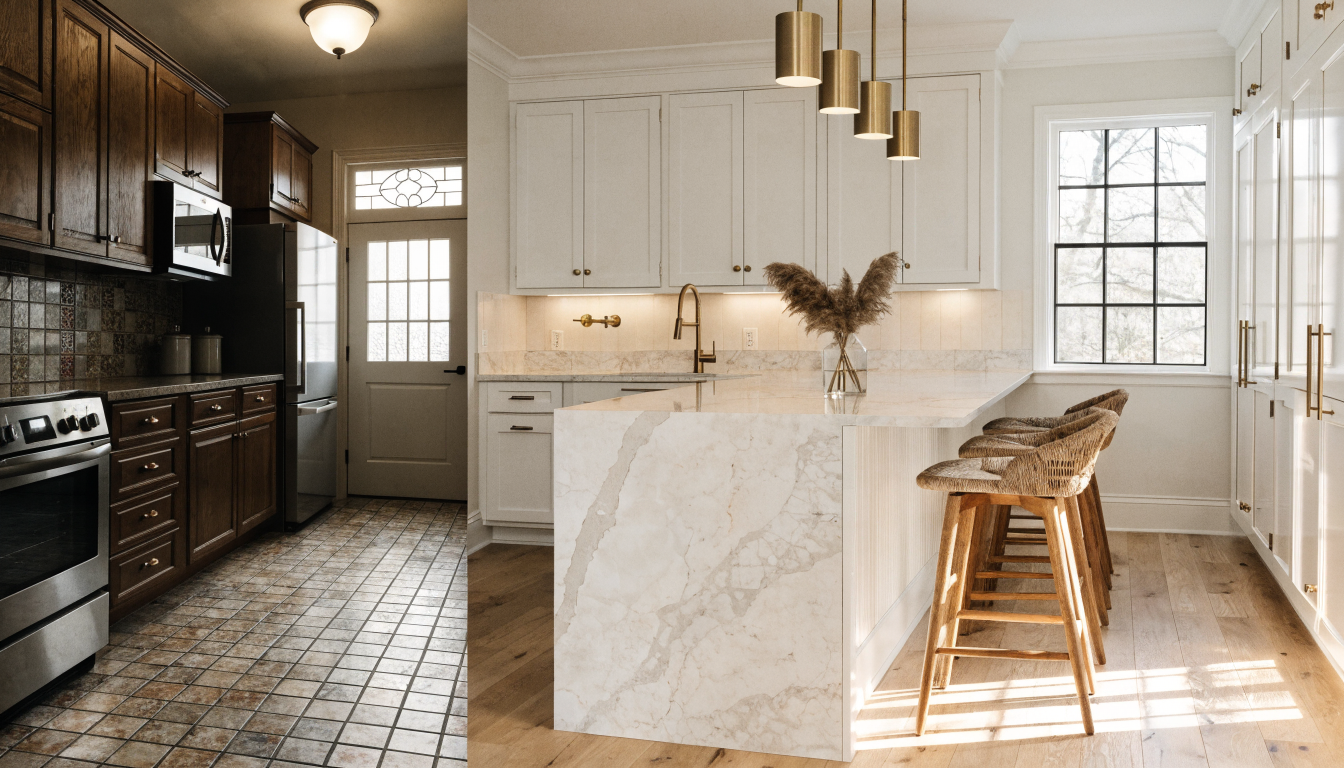 Before and after AI kitchen remodel showing dark outdated kitchen transformed into modern white kitchen with marble island