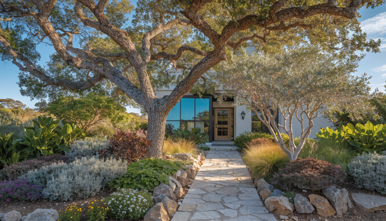 Beautiful front yard landscape design with native plants and stone pathway